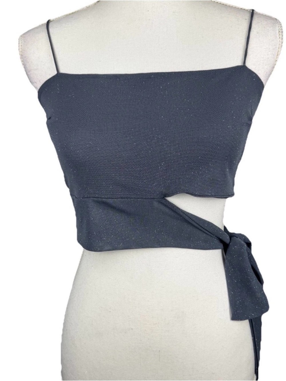 7 Day WKND M Gray Shimmer Crop Top Side Tie Sleeveless Cut-Out Party Glam Trendy